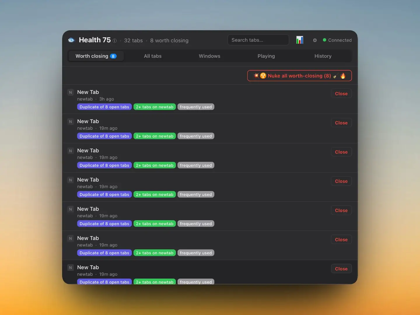 Perch Worth-closing view listing duplicate New Tab entries with reasons and individual Close buttons