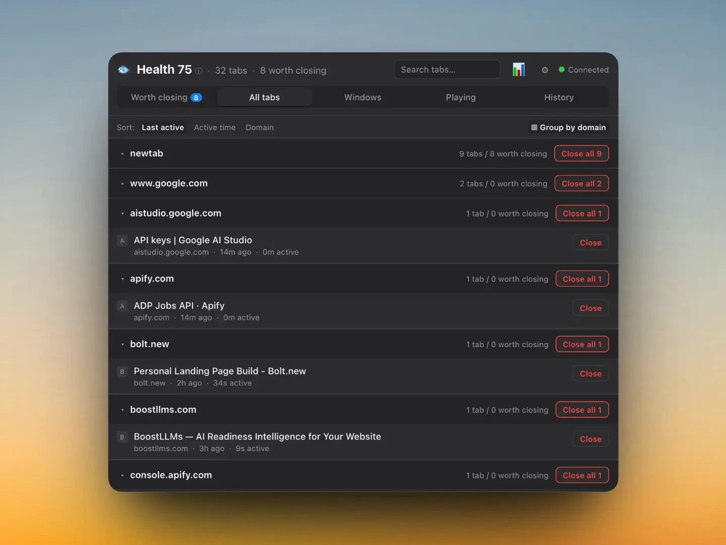 Perch All tabs view showing tabs grouped by domain with close-all controls per group
