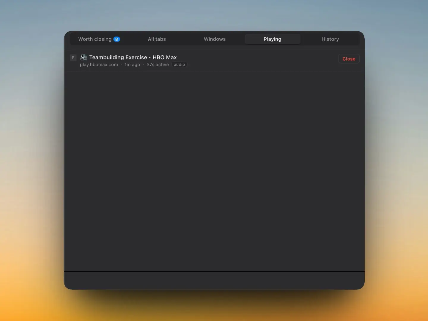 Perch Playing view showing one tab — Teambuilding Exercise on HBO Max — currently playing audio