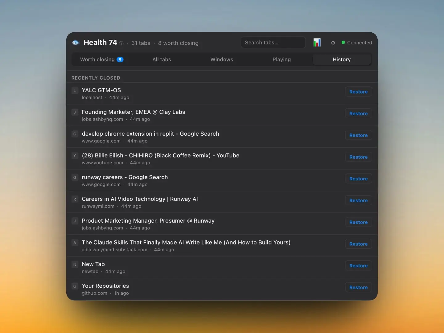Perch History view listing recently closed tabs with Restore buttons
