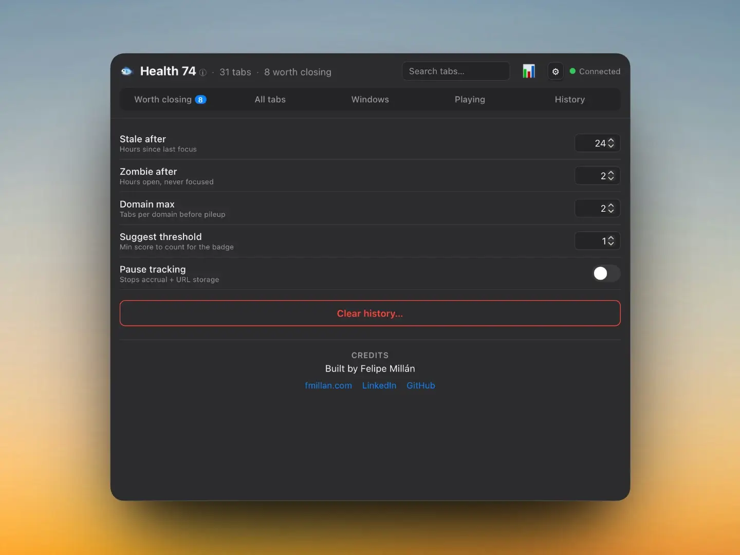 Perch Settings view showing Stale after, Zombie after, Domain max, and Suggest threshold controls