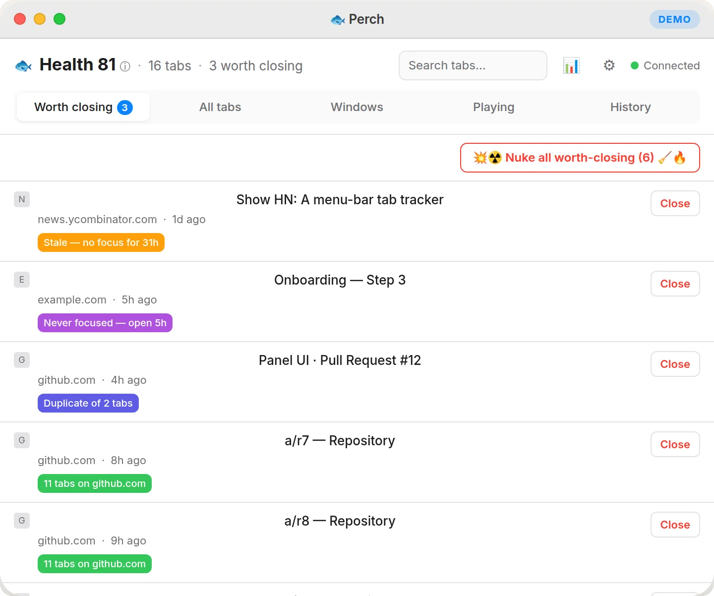 Perch menu-bar panel: Health 81, 16 tabs, 3 worth closing, with a worth-closing list and a Nuke all button